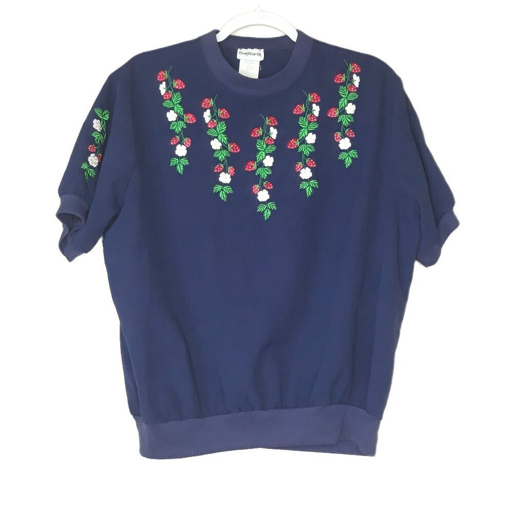 Vtg Strawberry Embroidered Blouse Medium Petite by Bon Worth Novelty Cottagecore